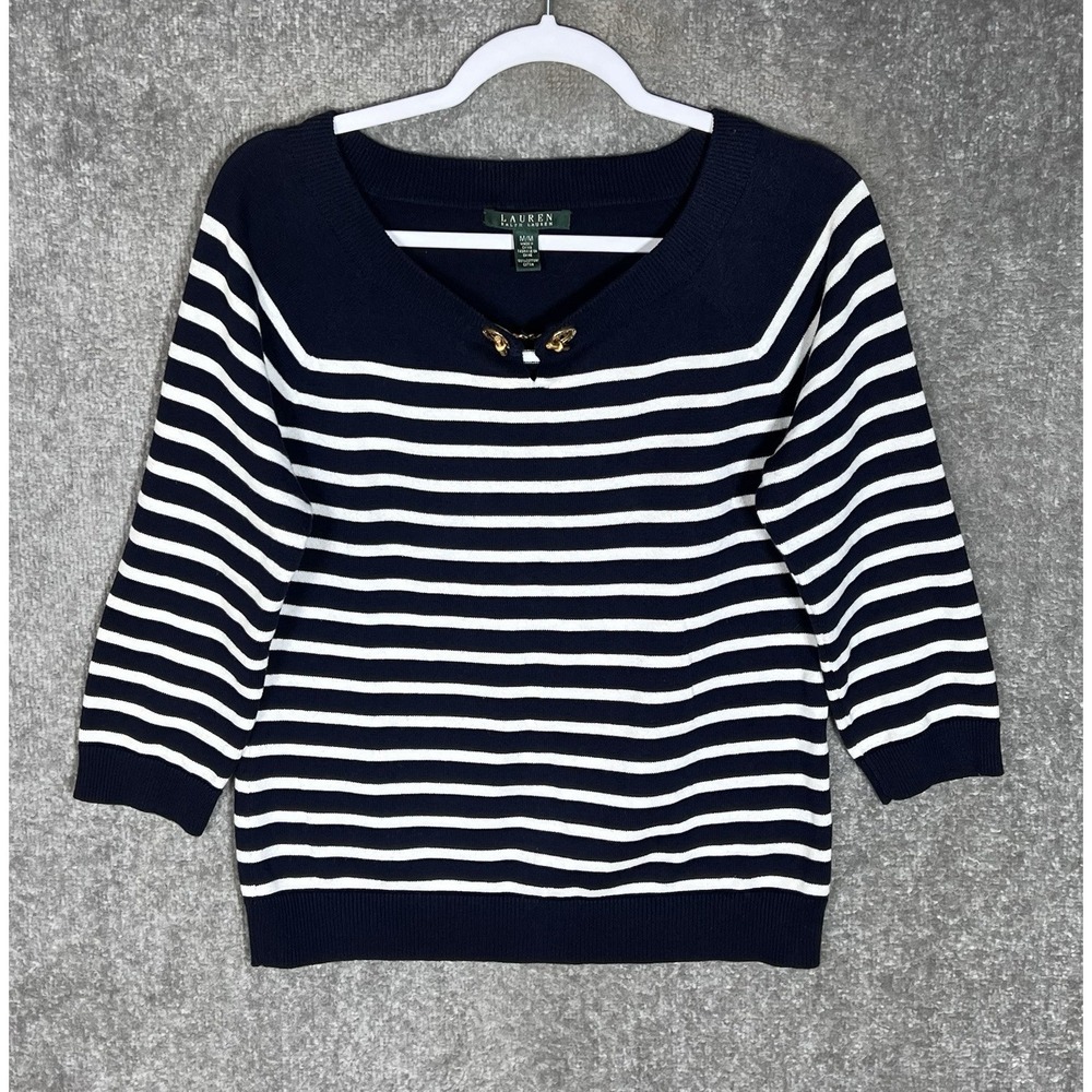 LAUREN Ralph Lauren Knit Top Womens Sz M Whiteā Blue Striped Nautical 3/4 Sleeve